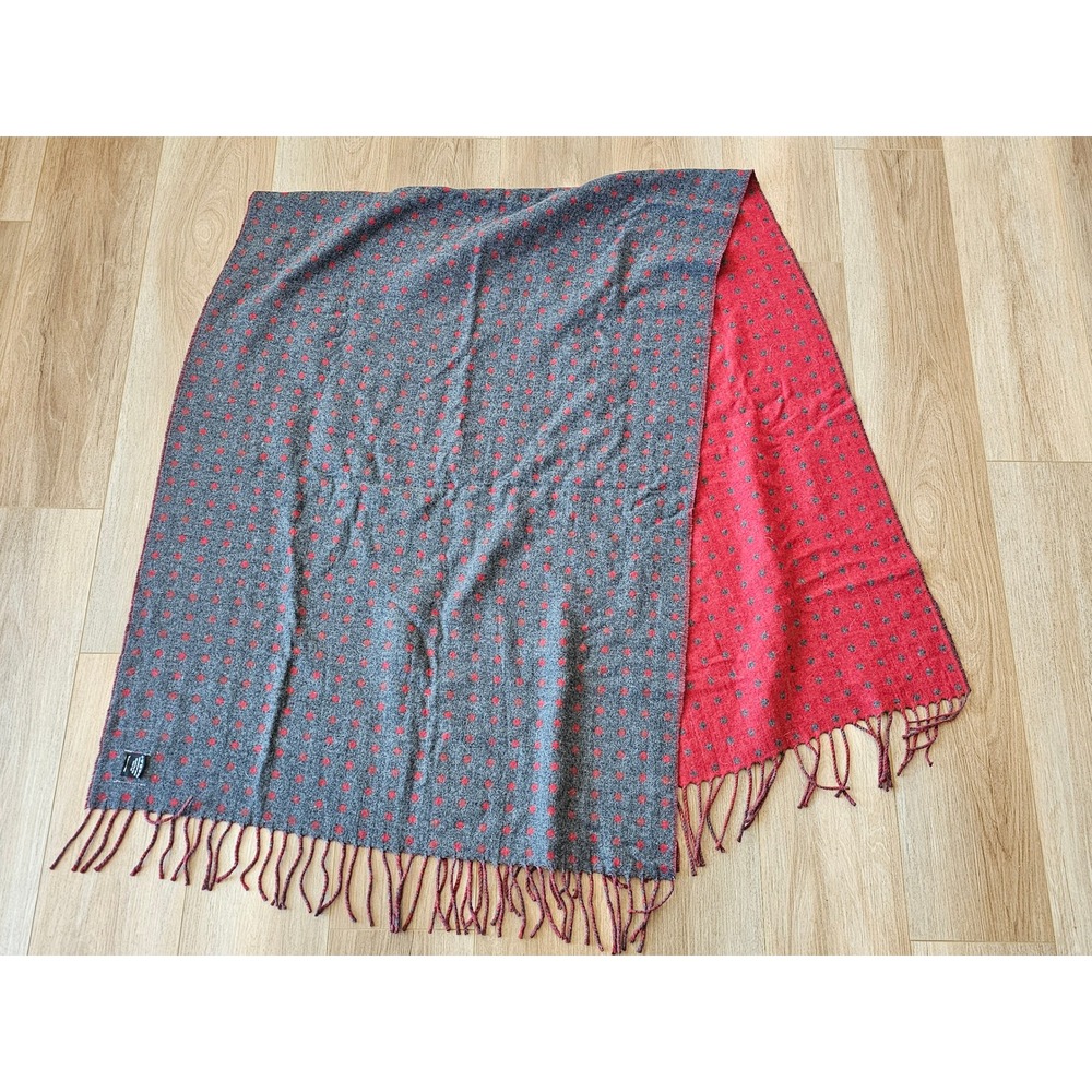 Burel Factory Mantecas Wool Blend Red Grey Polka Dot Fringe Scarf Wrap Shawl EUC